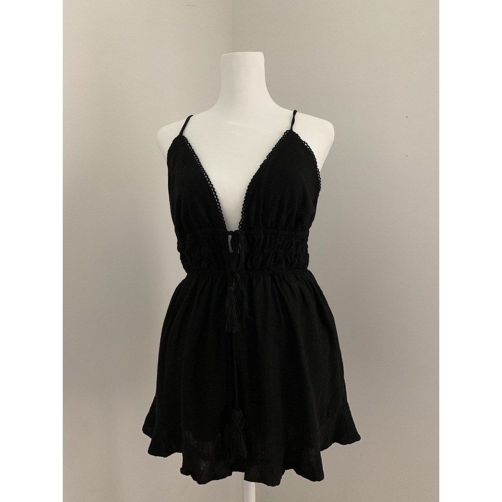 Princess Polly Colleen Romper Sz 6 Black Linen Cotton Tassels Cutout Ruffled Hem